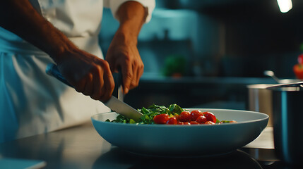 A chef chopping vegetables in the kitchen. Featuring knife skills and precision