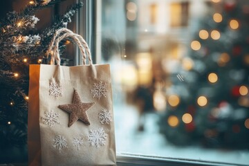 Cozy holiday scene featuring a decorative gift bag by a window with a Christmas tree backdrop