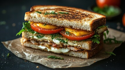 Delicious grilled sandwich with layers of vegetables and cheese on rustic background