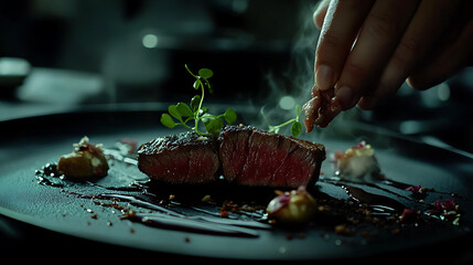 A chef plating a gourmet dish with elegant garnishes. Featuring precise placement and attention to flavor