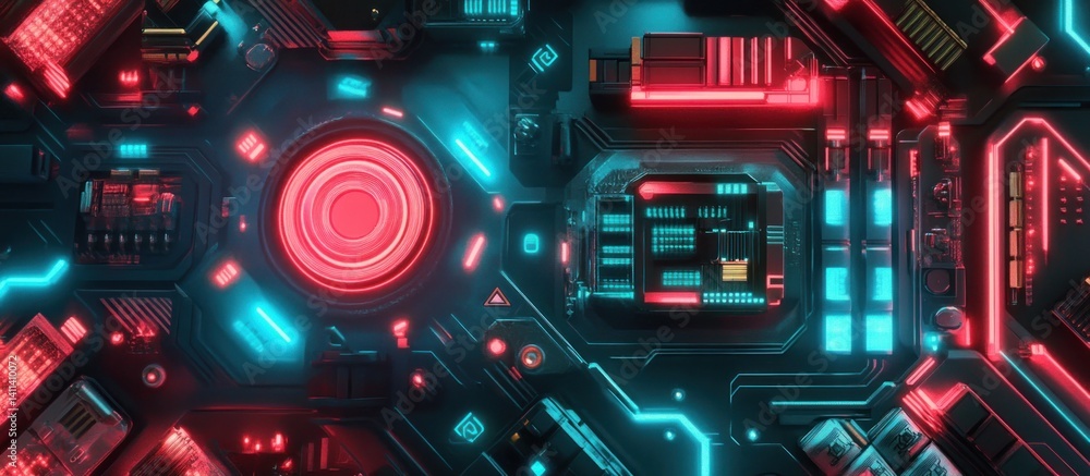 Poster an intricate cyberpunk motherboard rendering featuring neon red and cyan lighting highlights emphasi