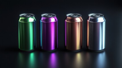 Four vibrant soda cans in metallic colors reflecting light against a dark background