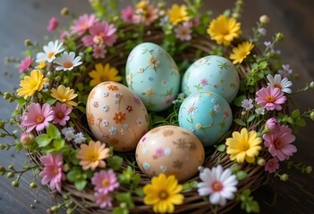 Fototapeta premium Floral Easter Eggs Nestled in a Delicate Spring Wreath