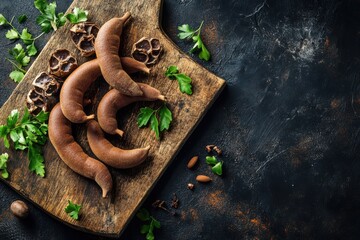 Fresh tamarind pods arranged on a wooden cutting board with herbs and spices scattered around