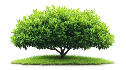Lush green shrub with dense foliage on a grassy patch against a white background