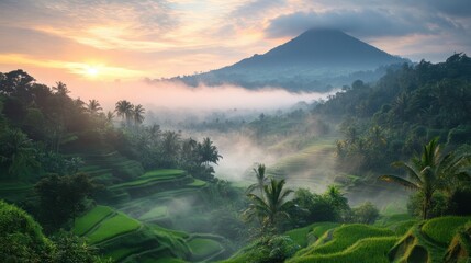 Serene sunrise over lush rice terraces with misty mountains in the background