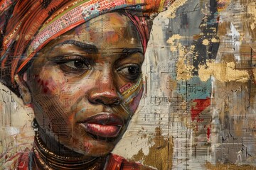 A detailed painting of a womans face, featuring a red headscarf and intricate details in the background, Celebrate the achievements of women around the world through art