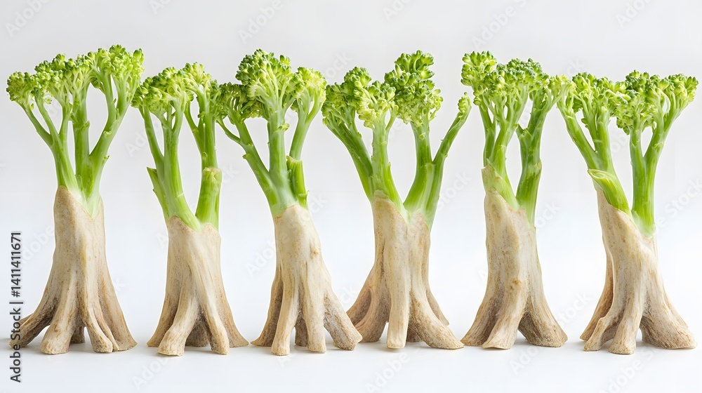 Poster seven broccoli florets arranged like miniature trees on a white background. their stems resemble sma