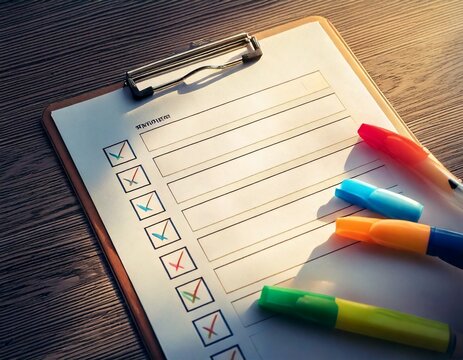 Checklist planner with bullet points and colored markers, close-up flat layout