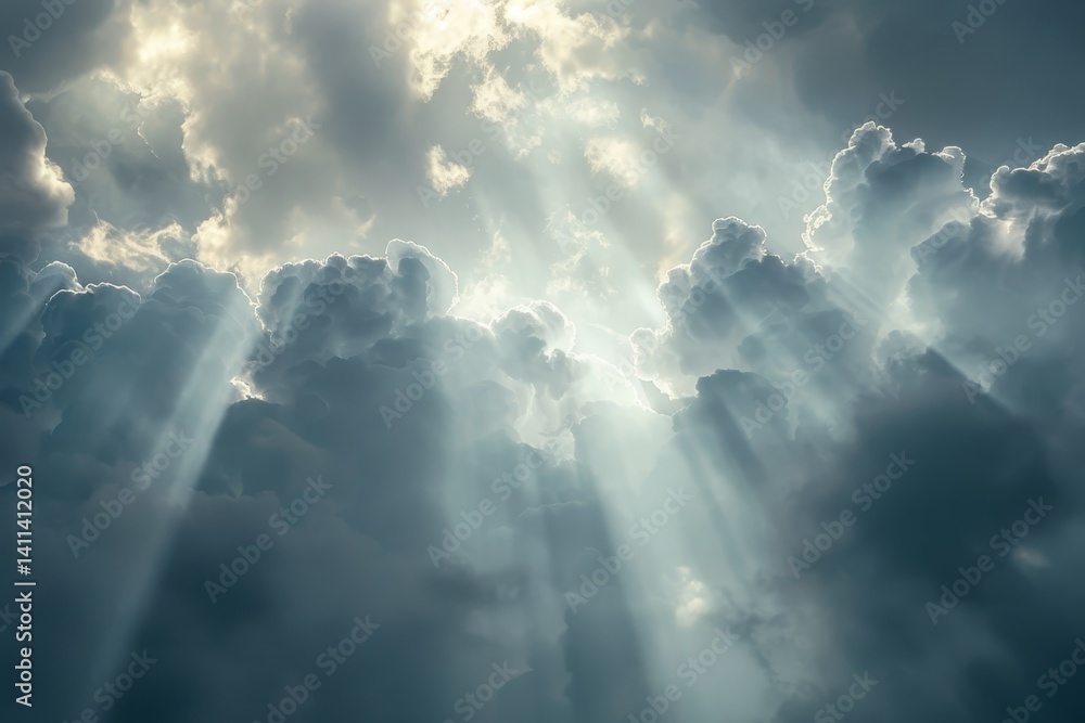 Aufkleber sunbeams pierce through a dense layer of clouds, creating a dramatic and ethereal glow in the early 