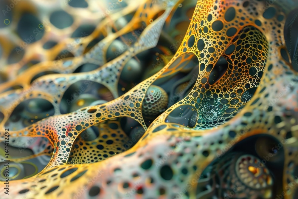 Poster a close-up of a 3d rendered abstract network with intricate molecular patterns, creating intricate p