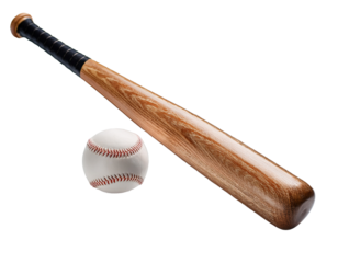 Baseball bat and ball, in the middle position, isolated on transparent background, high quality photo