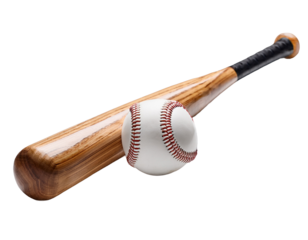 Baseball bat and ball, in the middle position, isolated on transparent background, high quality photo