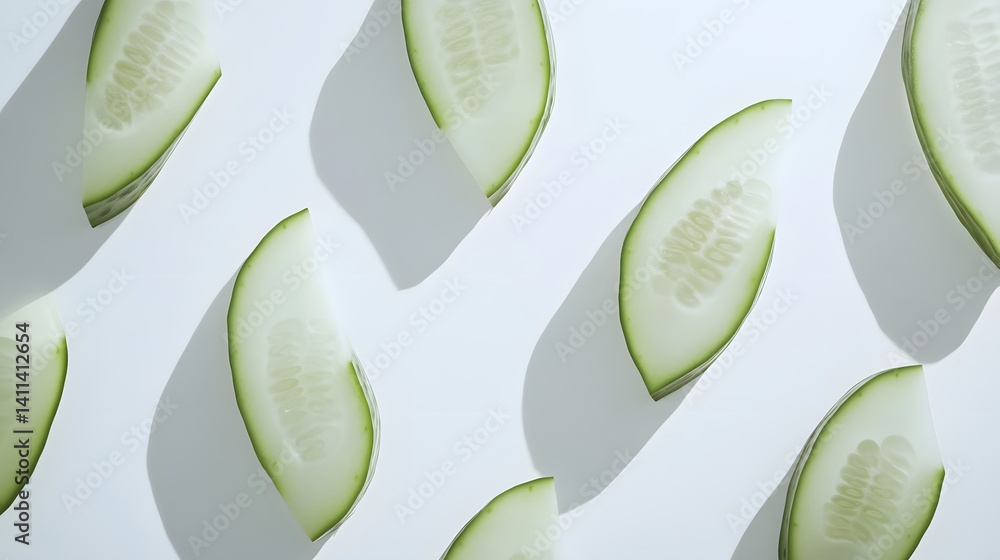 Poster slices of fresh cucumber arranged on a white background, casting soft shadows. a minimalist, clean i