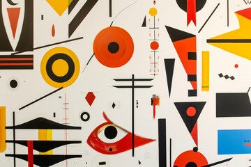 Obraz premium A vibrant abstract art piece with bold geometric shapes in red, black, and yellow on a white background, A white background with bold, graphic symbols