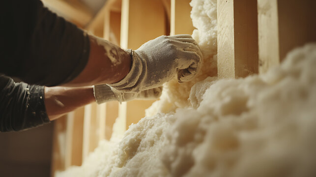 A construction worker securing insulation in a building wall. Featuring efficiency and precision