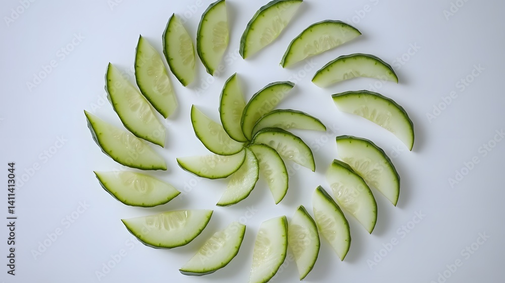 Poster fresh cucumber slices arranged in a spiral pattern on a white background. a healthy and visually app