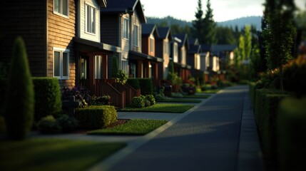 Obraz premium Suburban homes row, pathway, landscaping, tranquil neighborhood