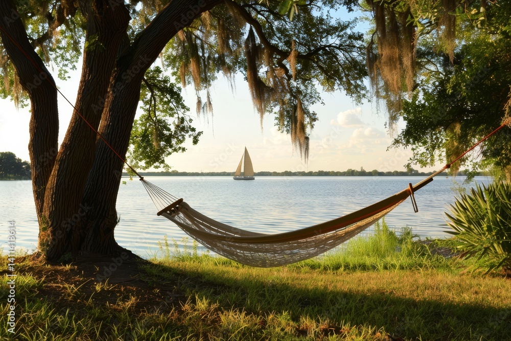Poster hammock swaying under tree with lake and sailboat view, a hammock swaying in the breeze, with a view