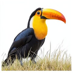 Obraz premium Vibrant Toucan Perched in Grass Against White Background