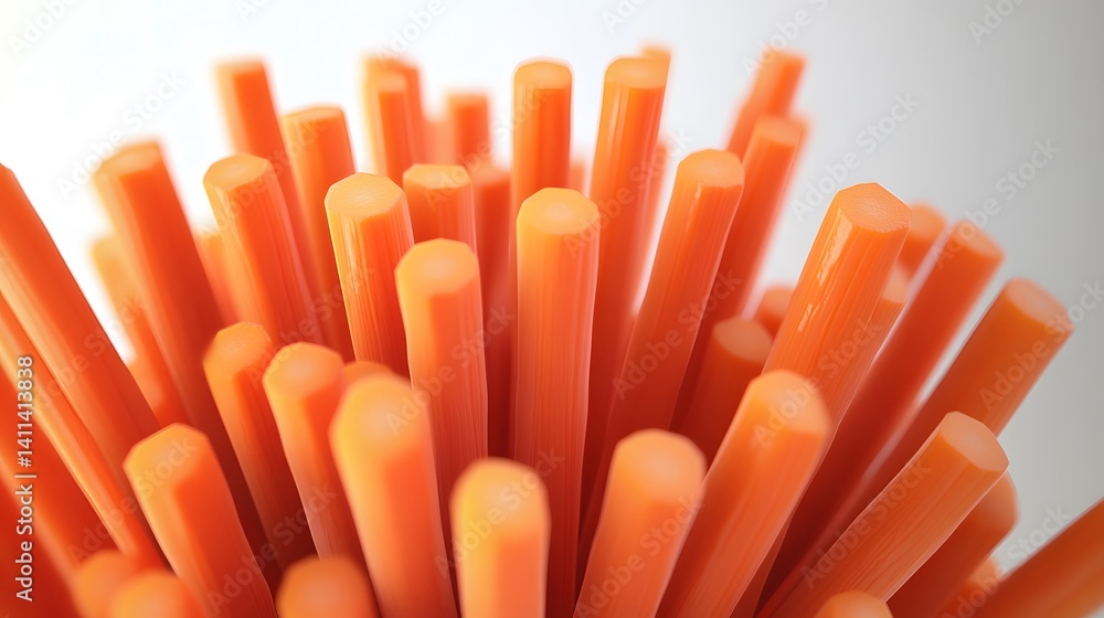Poster close-up of numerous vibrant orange cylindrical objects densely packed together, creating a textured