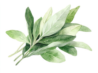Fresh Green Bay Leaves in Watercolor Style on White Background