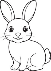 Cute cartoon bunny outline drawing in sitting position, black and white vector illustration for kids coloring pages and Easter designs
