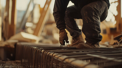 A construction worker securing rebar with wire at a building site. Featuring teamwork and precision