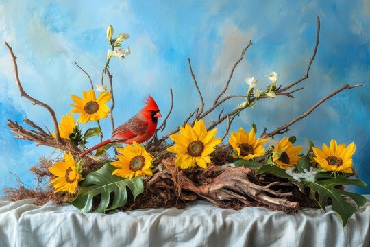 A vibrant still life featuring a cardinal amidst sunflowers and driftwood.