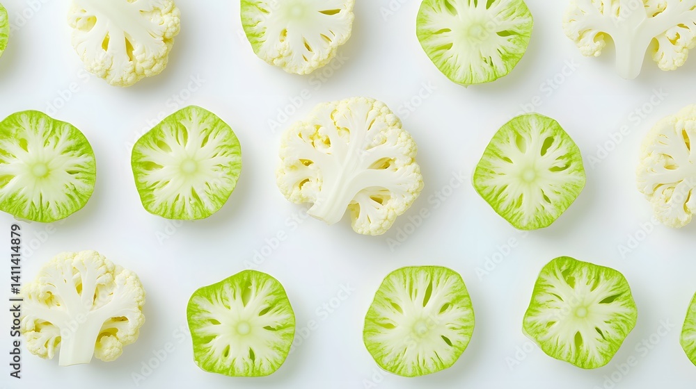 Poster overhead shot of sliced romanesco and cauliflower florets arranged in a repeating pattern on a white