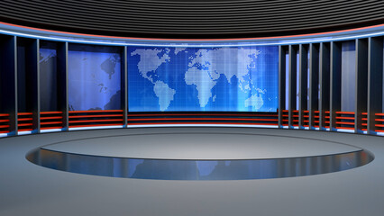 3D Virtual TV Studio News, Backdrop For TV Shows .TV On Wall.3D Virtual News Studio Background,3d illustration