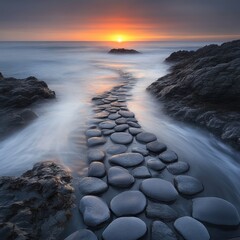 Obraz premium A mesmerizing long exposure captures the vibrant hues of a sunset over the tranquil ocean, with soft waves gently lapping at the shore, creating a dreamy, ethereal atmosphere.