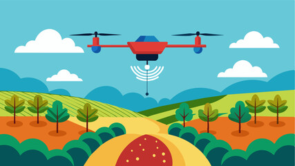Infrared drones fly over the vineyard collecting data on soil moisture levels and plant health allowing for targeted irrigation and fertilization.. Vector illustration