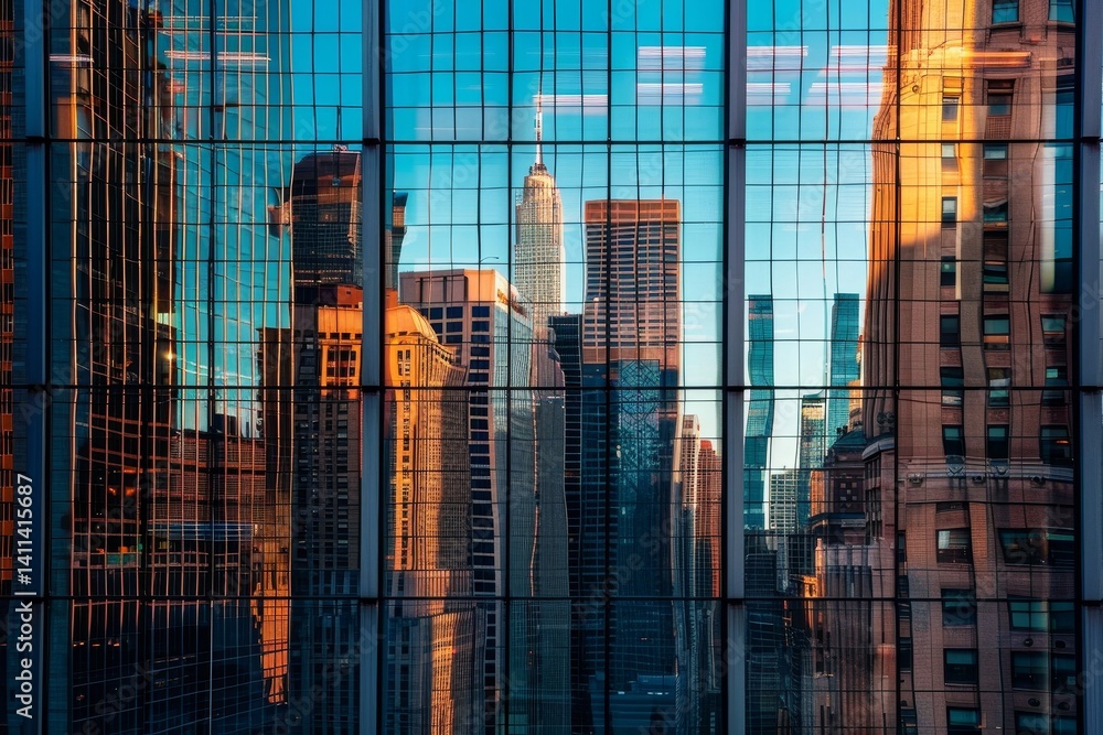 Aufkleber a view of the cityscape of hong kong reflected in a skyscraper window, the reflection of skyscrapers
