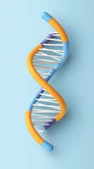 A vibrant flat art style illustration depicts a 3D rendered DNA double helix molecule with depth and contrasting colors on a light blue background ideal for science education or