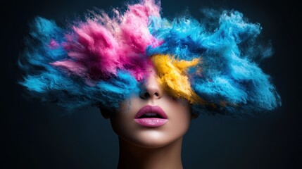 Colorful powder obscures woman's face, dark background