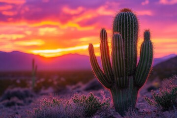 Stunning desert sunset with vibrant colors and cactus