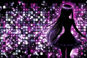 A vibrant silhouette of a girl against a glittering, pixelated backdrop.