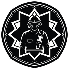 Black and White Firefighter Emblem: Geometric Design with Helmet and Uniform