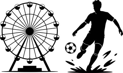 Silhouette Of Ferris Wheel And Soccer Player Kicking Ball In Monochrome