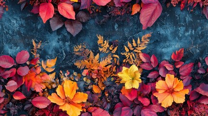 Vibrant Floral Fantasy Textile with Realistic Photography of Colorful Leaves and Flowers on a Textured Background