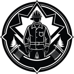 Black and White Firefighter Emblem: Lumberjack, Axe, Forest, Hard Hat, Badge, Circle Design