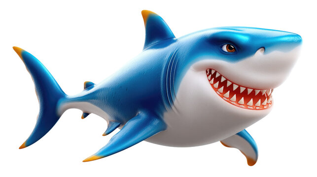 Playful shark : A vibrant, cartoon shark with a friendly grin and dazzling teeth swims in the open water, its animated appearance promising underwater adventures and marine exploration.