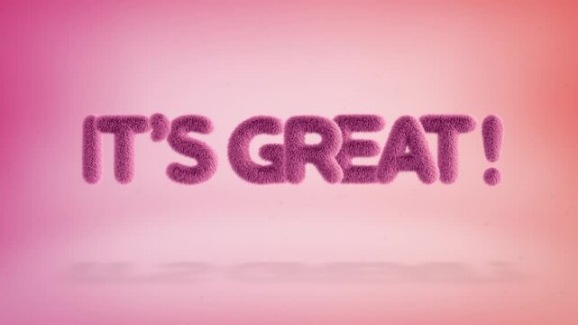It's great text of 3D pink fluffy letters on a simple gradient background with particles. Looped animation