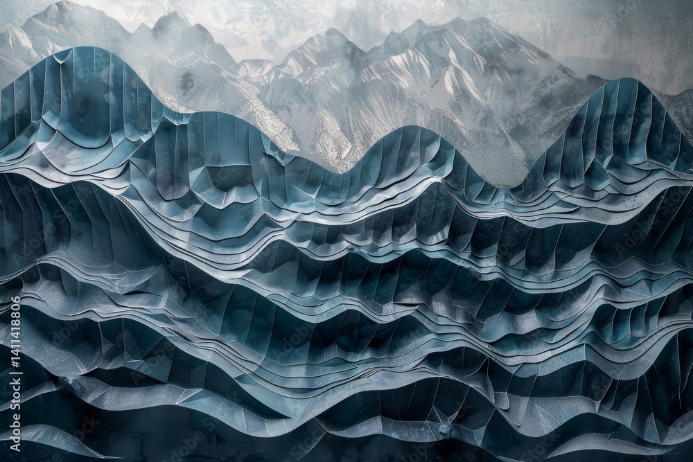 Aufkleber a digital illustration depicting a futuristic interpretation of mountain ranges with a superimposed 