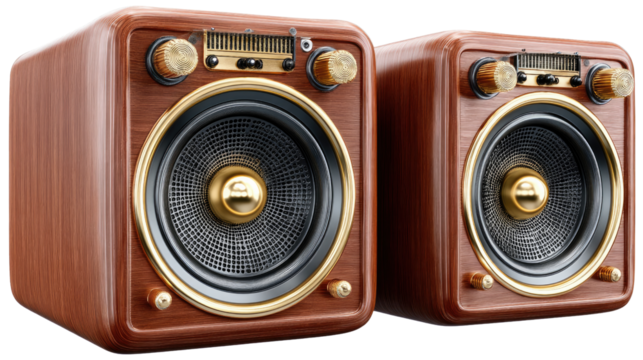 Vintage Sound: A captivating shot of a vintage stereo speaker, designed with an elegant wooden texture and exquisite gold trim. A nostalgic piece of audio history.