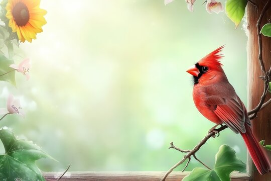 A vibrant cardinal perched amongst springtime blooms.