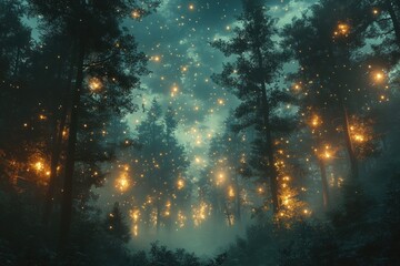 Fototapeta premium Enchanting forest at night lit by bioluminescent lights