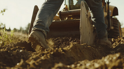 Obraz premium A construction worker using a bulldozer to move earth. Featuring power and control