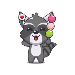 Cute raccoon cartoon vector illustration eating dango